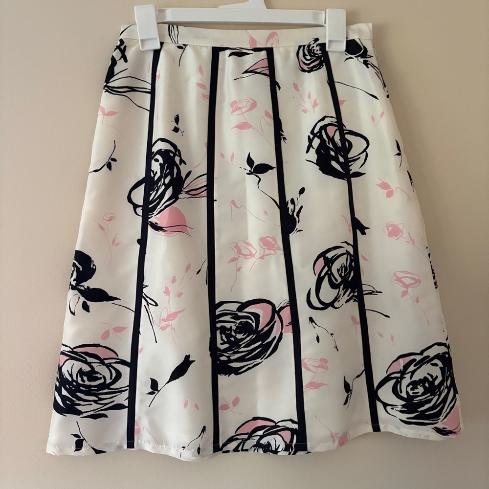 Grace Elements 100% Silk Floral Pleated A-Line Skirt Ivory Pink Black Size 6 - Picture 2 of 4